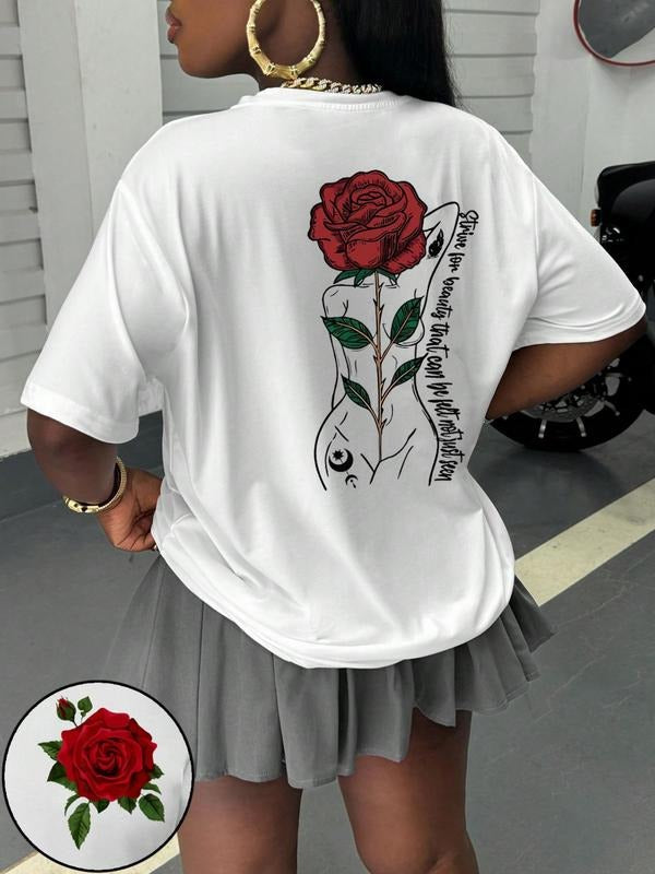 Women'WB shield Rose & Letter Print Round Neck Tee, Fashion Casual Crew Neck T-shirt for Daily Holiday Vacation Outdoor...