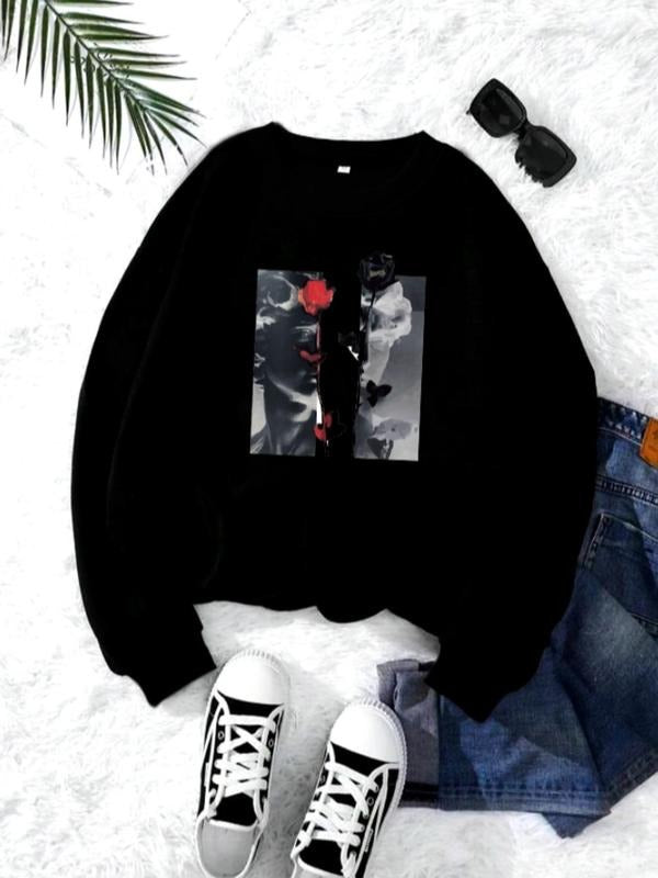 Women'WB shield Rose & Sculpture Vintage Graphic Crew Neck Sweatshirt, New Trendy Casual Long Sleeve Pullover Sweats for...