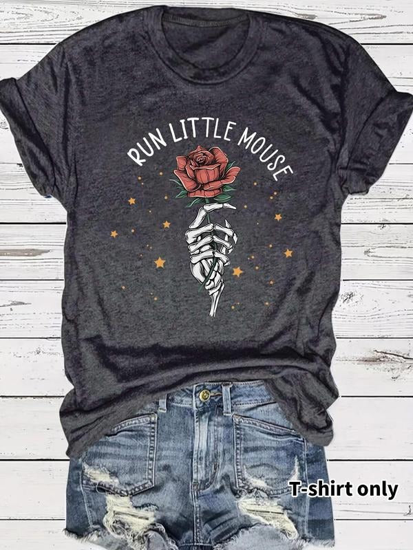 Women'WB shield Rose & Skeleton Hand Print Round Neck Tee, Fashion Casual Short Sleeve T-shirt for Daily Wear, Ladies...