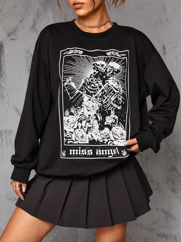 Women'WB shield Rose & Skull Print Drop Shoulder Sweatshirt, Casual Graphic Long Sleeve Round Neck Pullover For Spring &...