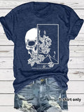 Women'WB shield Rose & Skull Print Round Neck Tee, Fashion Casual Crew Neck T-Shirt for Daily Holiday Vacation Outdoor...