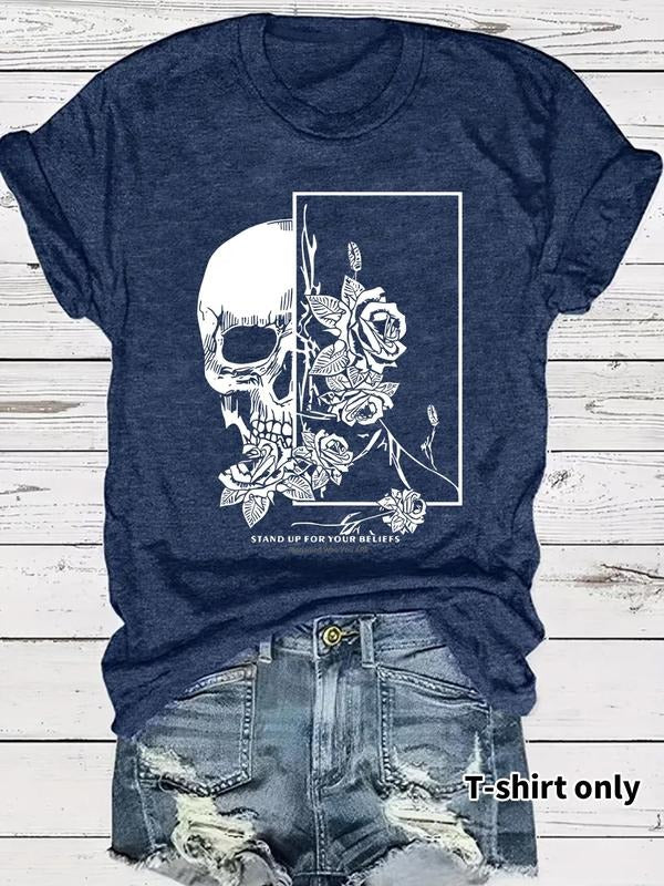 Women'WB shield Rose & Skull Print Round Neck Tee, Fashion Casual Crew Neck T-Shirt for Daily Holiday Vacation Outdoor...