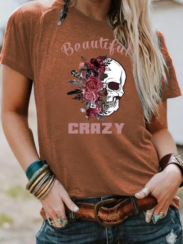 Women'WB shield Rose & Skull Print Round Neck Tee, Fashion Casual Crew Neck T-shirt for Daily Holiday Vacation Outdoor...