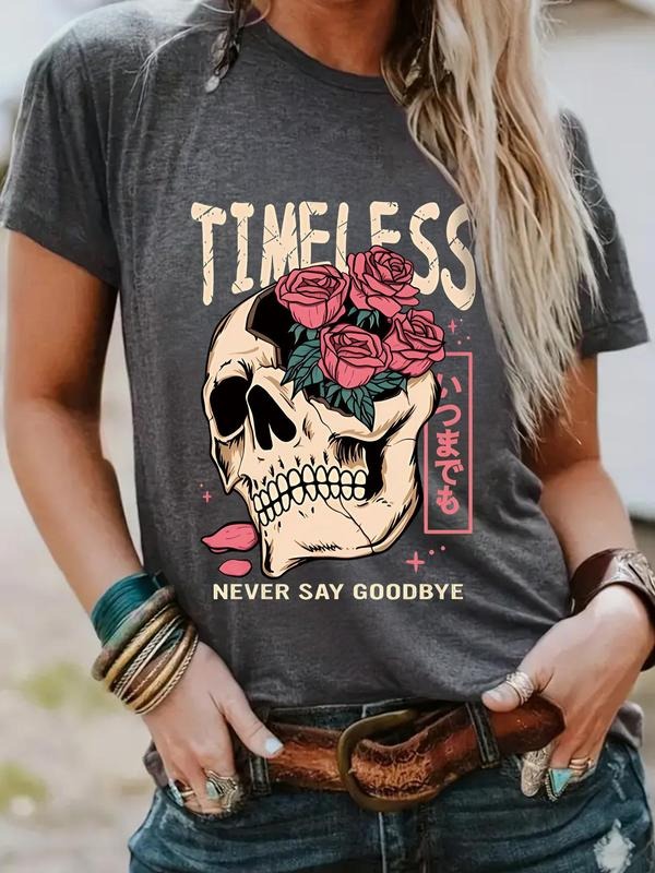 Women'WB shield Rose & Skull Print Round Neck Tee, Fashion Casual Letter Graphic Crew Neck T-Shirt for Daily Holiday...