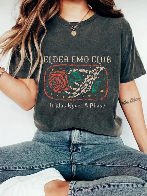 Women'WB shield Rose & Skull Print Round Neck Tee, Fashion Casual Short Sleeve T-shirt for Daily Wear, Ladies TNF for...