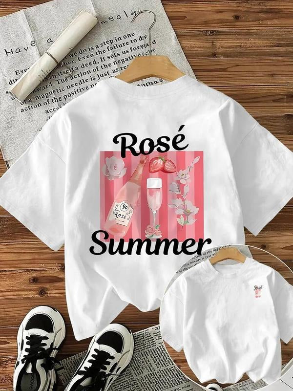 Women'WB shield Rose & Wine Glass Print Round Neck Tee, Casual Short Sleeve Crew Neck T-shirt for Summer, Fashion...