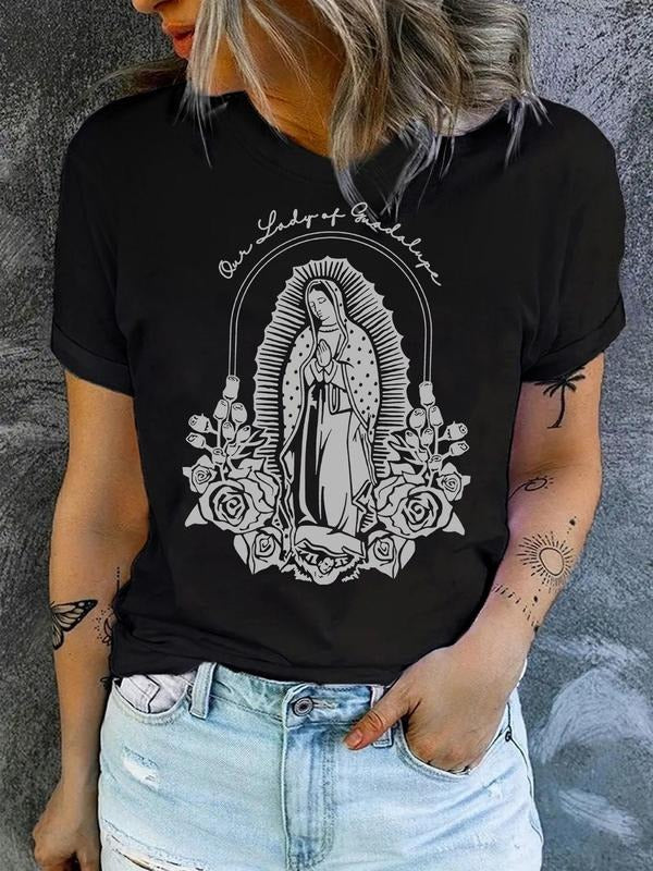Women'WB shield Rose Figure Letter Print Round Neck Graphic Tee, Vintage Trendy Casual Short Sleeve T-shirt for Daily...