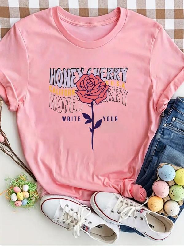 Women'WB shield Rose Letter Print Round Neck Graphic Tee, Vintage Trendy Casual Short Sleeve T-shirt for Daily Wear,...