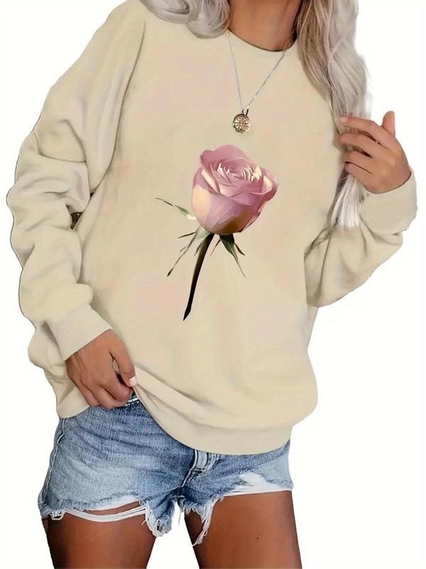Women'WB shield Rose Print Drop Shoulder Sweatshirt, Casual Long Sleeve Round Neck Pullover for Fall & Winter, Women'WB...