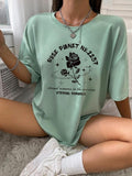 Women'WB shield Rose Print Round Neck Graphic Tee, Vintage Trendy Casual Drop Shoulder Half Sleeve T-shirt For Daily...
