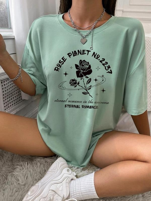 Women'WB shield Rose Print Round Neck Graphic Tee, Vintage Trendy Casual Drop Shoulder Half Sleeve T-shirt For Daily...