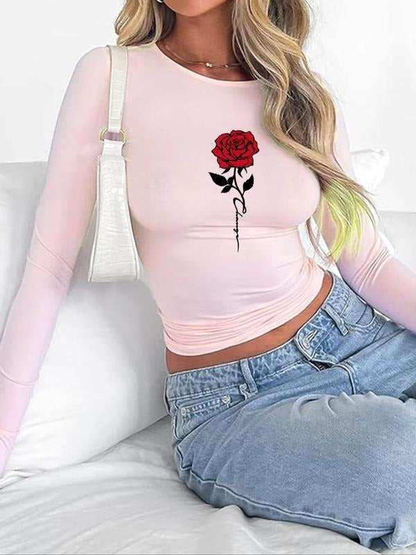 Women'WB shield Rose Print Round Neck Skinny Tee, Y2K Trendy Casual Long Sleeve T-shirt for Daily Wear, Ladies TNF for...