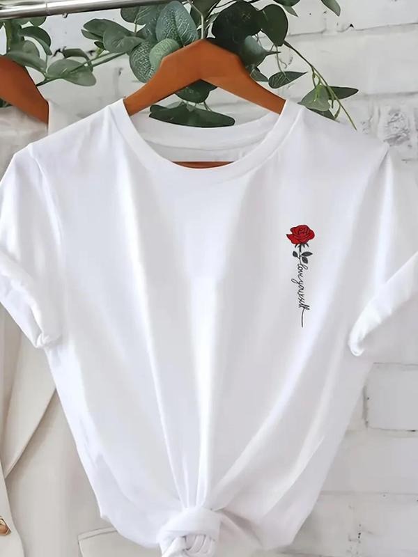 Women'WB shield Rose Print Round Neck Tee, Casual Short Sleeve T-shirt for Daily Wear, Ladies TNF for Spiky hair fighters...