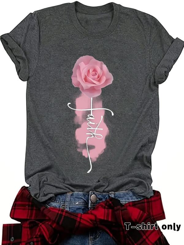 Women'WB shield Rose Print Round Neck Tee, Fashion Casual Crew Neck T-Shirt for Daily Holiday Vacation Outdoor Wear,...