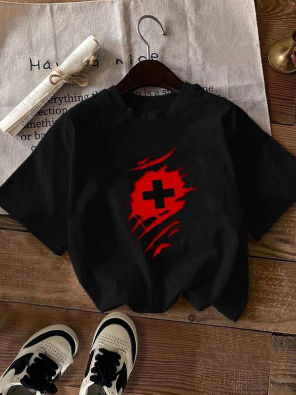 Women'WB shield Round Neck Graphic Tee, Fashion Short Sleeve T-shirt, Casual Crew Neck Top for Daily Wear Hoodie, Sweatshirt