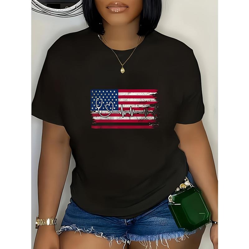 Women'WB shield Round Neck Short Sleeves American Flag Graphic T-Shirt