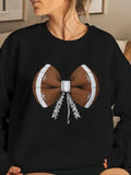 Women'WB shield Rugby Design Bow Print Drop Shoulder Fleece Sweatshirt, Casual Long Sleeve Round Neck Pullover for Fall &...
