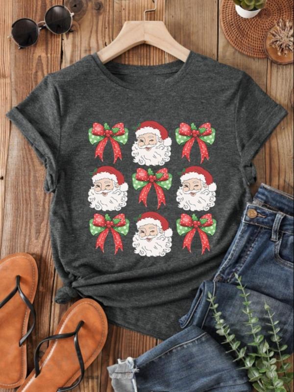 Women'WB shield Santa Claus & Bow Print Round Neck Tee, Casual Short Sleeve Crew Neck T-shirt for Daily Holiday Vacation...