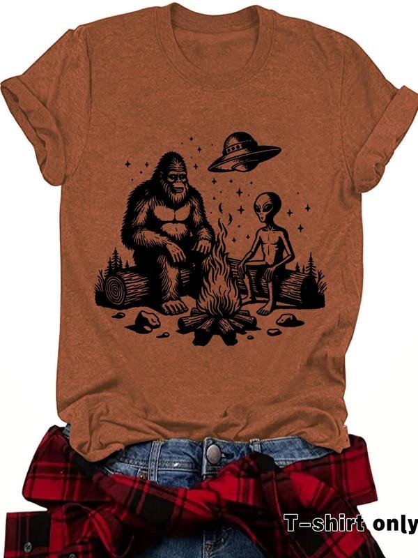 Women'WB shield Sasquatch & Gorilla Print Round Neck Tee, Casual Fashion Short Sleeve T-shirt for Summer, Ladies TNF for...