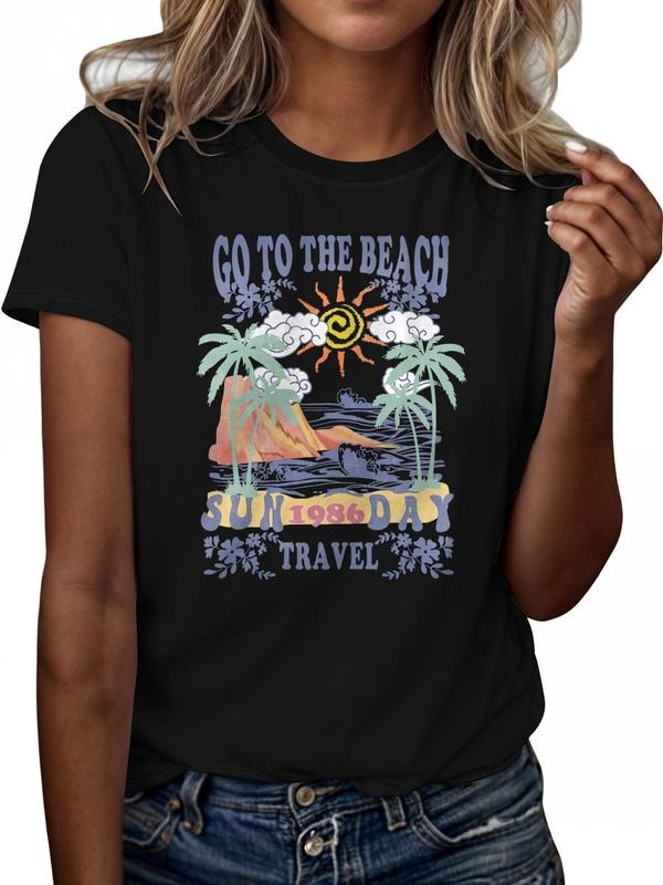 Women'WB shield Sea Landscape & Letter Print Round Neck Tee, Casual Crew Neck Short Sleeve T-shirt, Ladies Summer Outfit...