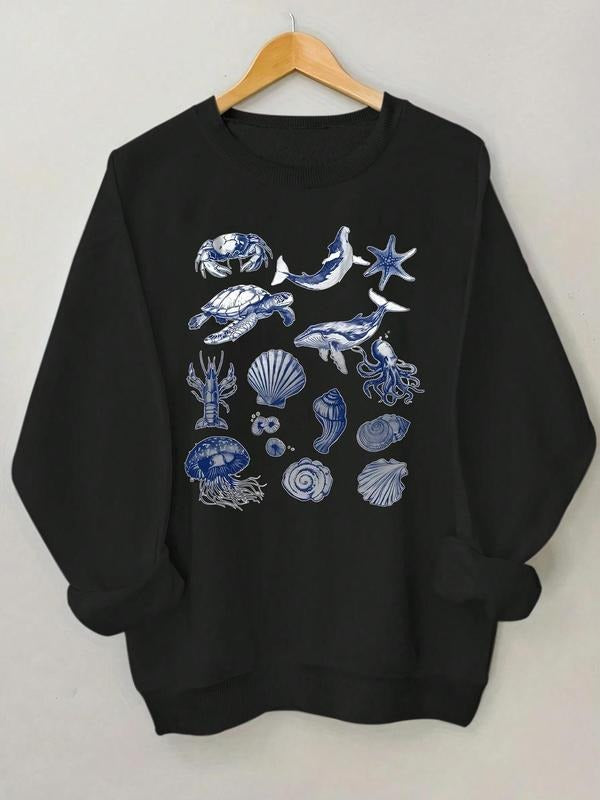 Women'WB shield Sea Life Print Drop Shoulder Sweatshirt, Casual Long Sleeve Round Neck Pullover for Fall & Winter, Ladies...