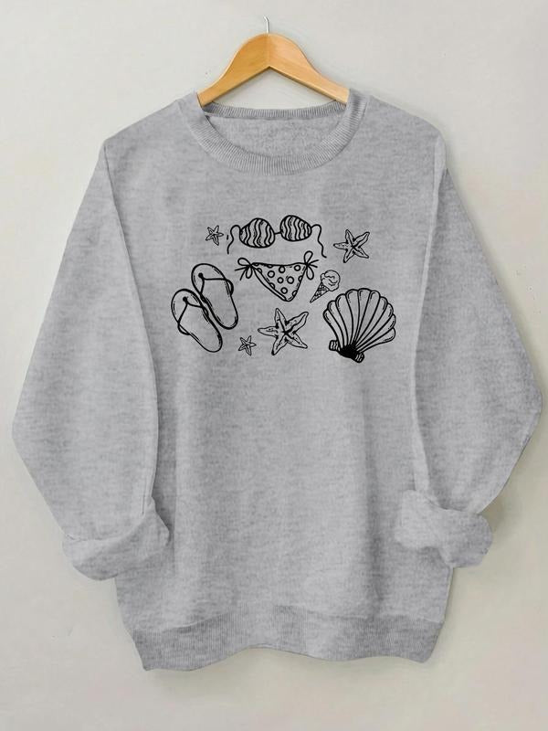Women'WB shield Sea Life Print Drop Shoulder Sweatshirt, Casual Long Sleeve Round Neck Pullover for Fall & Winter,...
