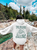 Women'WB shield Sea Turtle & Letter Print Drop Shoulder Hoodie, Fashion Casual Drawstring Pocket Hooded Sweatshirt for...