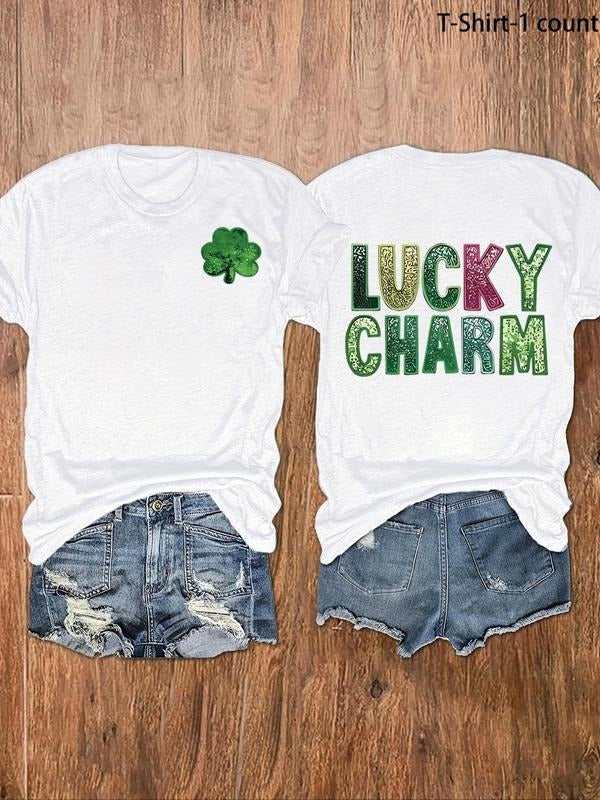 Women'WB shield Shamrock Print Round Neck Tee, Fashion Casual Crew Neck T-Shirt for Daily Holiday Vacation Outdoor Wear,...