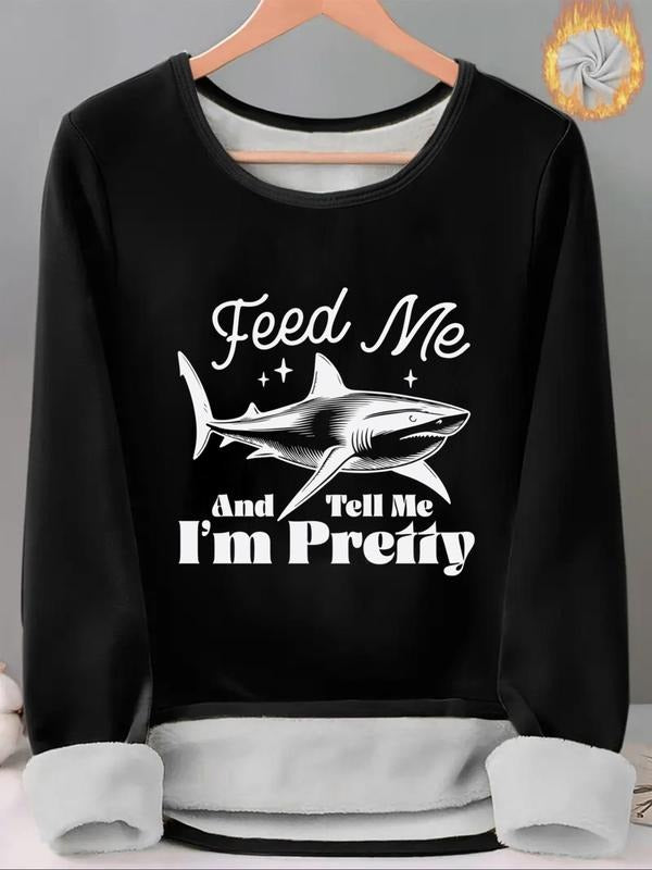Women'WB shield Shark & Letter Print TNF Lined Tee, Casual Long Sleeve Round Neck T-shirt for Fall & Winter, Ladies TNF...