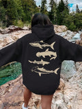 Women'WB shield Shark Print Drawstring Pocket Hoodie, Casual Drop Shoulder Long Sleeve Hooded Sweatshirt, Ladies Fall &...