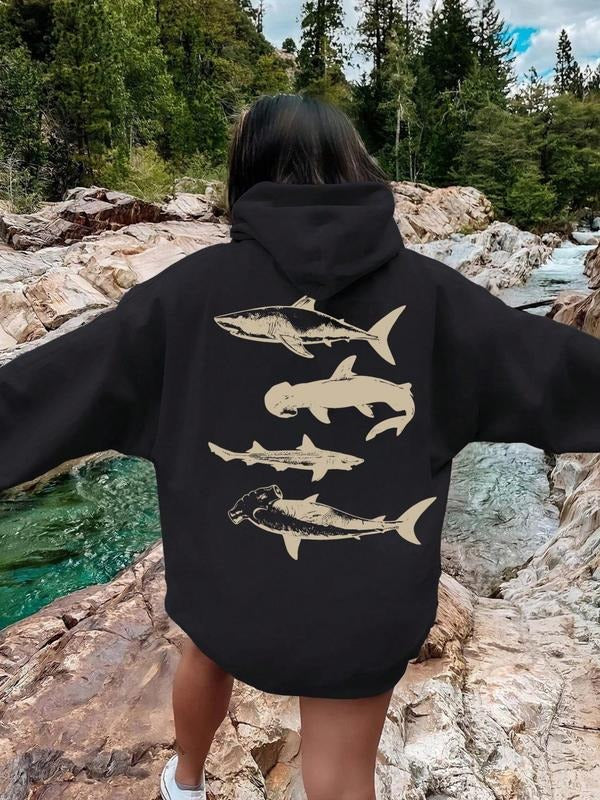 Women'WB shield Shark Print Drawstring Pocket Hoodie, Casual Drop Shoulder Long Sleeve Hooded Sweatshirt, Ladies Fall &...