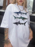 Women'WB shield Shark Print Round Neck Tee, Vintage Trendy Casual Drop Shoulder Half Sleeve T-shirt for Daily Wear,...