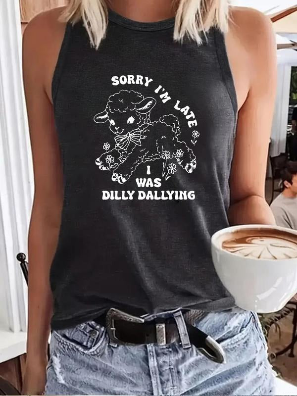 Women'WB shield Sheep & Letter Print Round Neck Tank Top, Casual Sleeveless Crew Neck Top for Summer, Ladies TNF for...