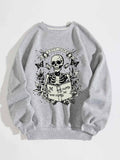 Women'WB shield Skeleton & Butterfly Print Drop Shoulder Sweatshirt, Casual Long Sleeve Round Neck Pullover for Fall &...
