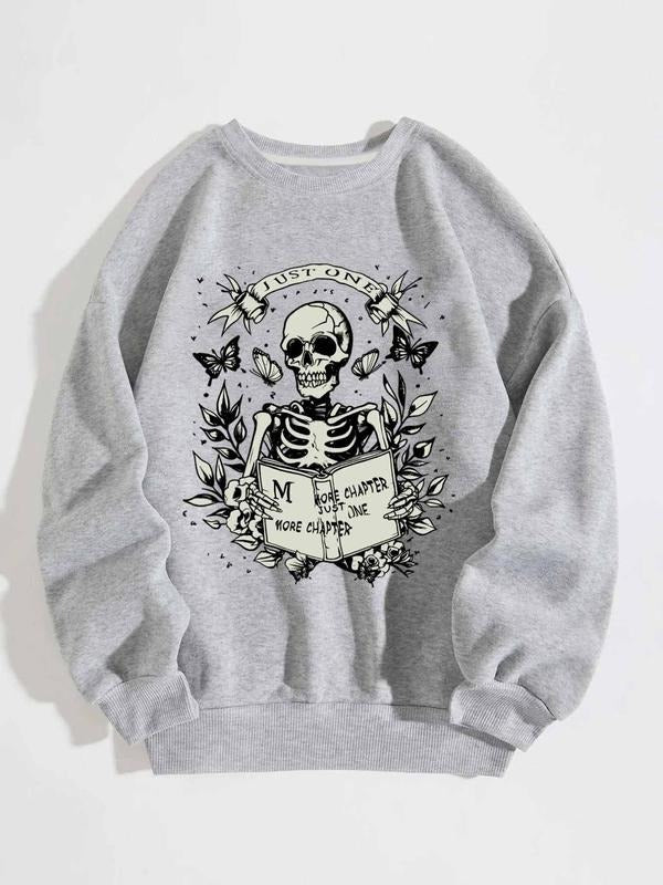 Women'WB shield Skeleton & Butterfly Print Drop Shoulder Sweatshirt, Casual Long Sleeve Round Neck Pullover for Fall &...