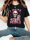 Women'WB shield Skeleton & Drink Print Round Neck Tee, Fashion Casual Crew Neck T-Shirt for Daily Holiday Vacation...