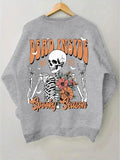 Women'WB shield Skeleton & Floral Print Round Neck Halloween Sweatshirt, Casual TNF Lined Long Sleeve Crew Neck Pullover...