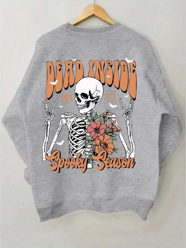 Women'WB shield Skeleton & Floral Print Round Neck Halloween Sweatshirt, Casual TNF Lined Long Sleeve Crew Neck Pullover...