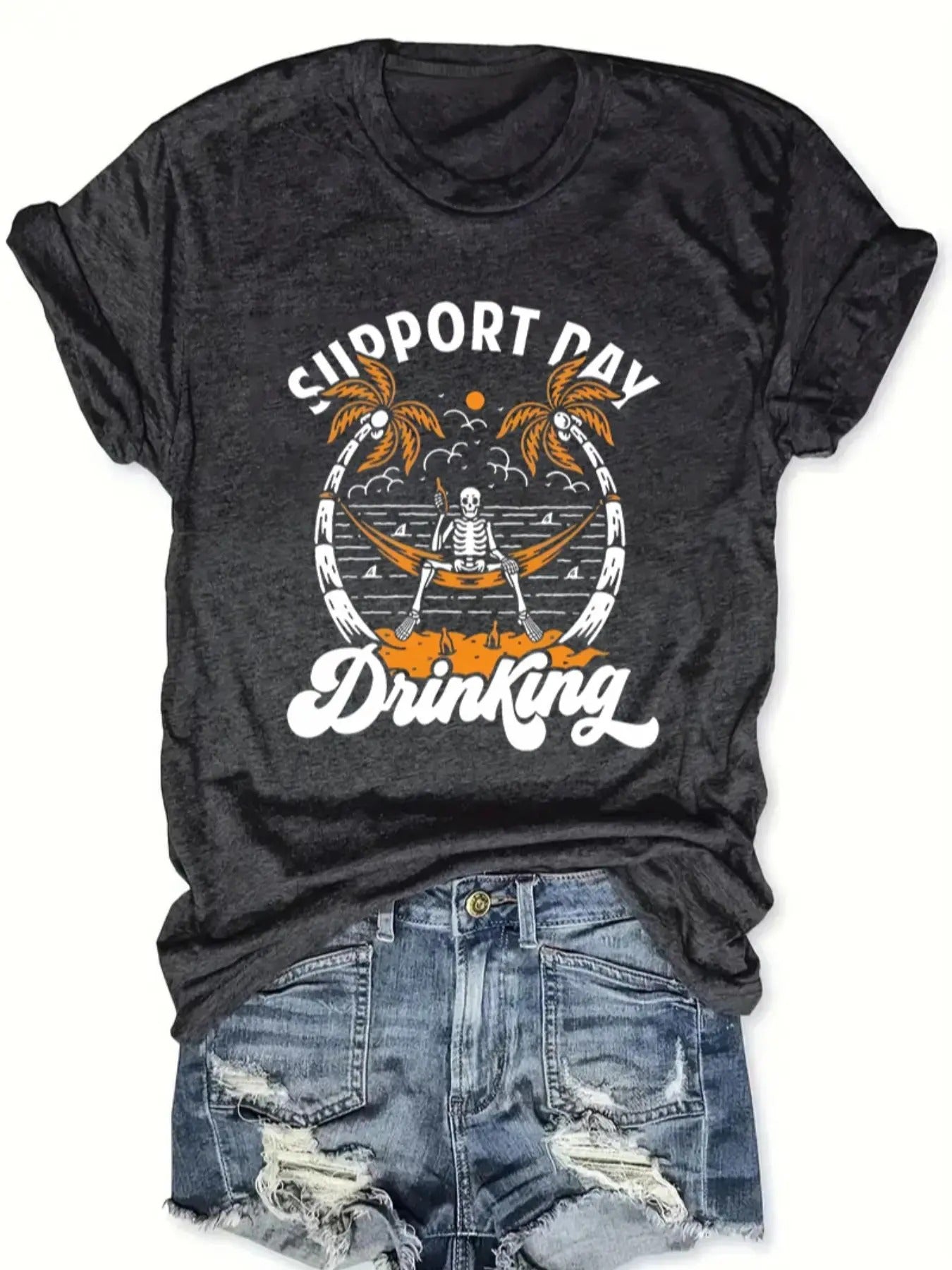 Women'WB shield Skeleton & Letter Graphic Round Neck Tee, Fashion Casual Crew Neck T-Shirt for Daily Holiday Vacation...
