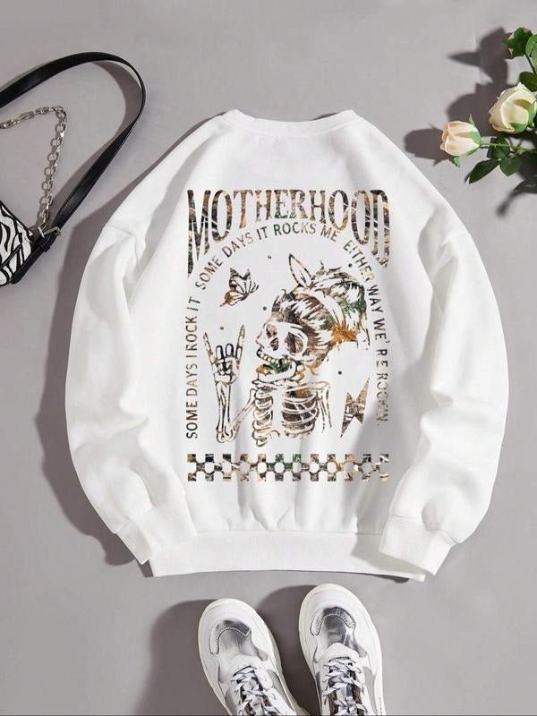 Women'WB shield Skeleton & Letter Print Crew Neck Pullover, Fashion Casual Heart Print Sweatshirt for Daily Holiday...