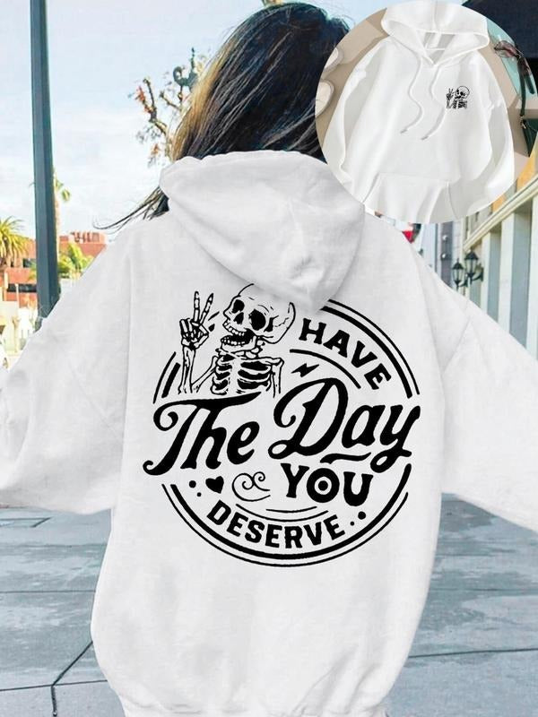 Women'WB shield Skeleton & Letter Print Drop Shoulder Hoodie, Fashion Casual Drawstring Pocket Hooded Sweatshirt for...