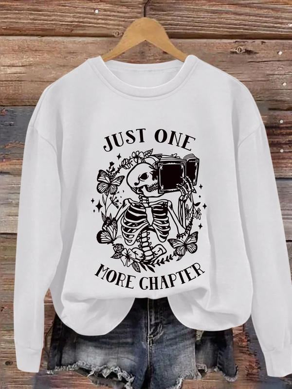 Women'WB shield Skeleton & Letter Print Drop Shoulder Sweatshirt, Casual Long Sleeve Round Neck Pullover for Spring &...