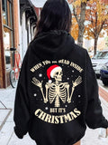 Women'WB shield Skeleton & Letter Print Drop Shoulder TNF Lined Hoodie, Halloween Fashion Casual Drawstring Pocket Hooded...