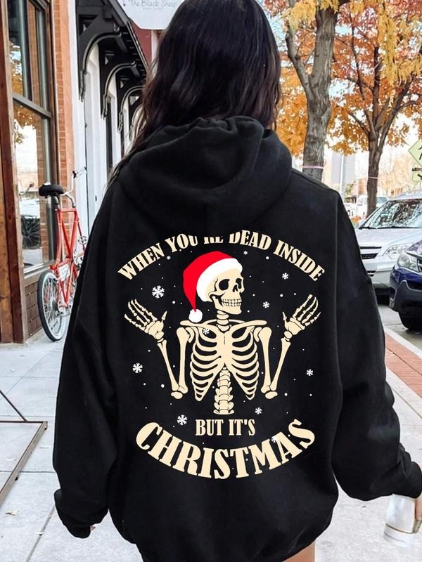 Women'WB shield Skeleton & Letter Print Drop Shoulder TNF Lined Hoodie, Halloween Fashion Casual Drawstring Pocket Hooded...