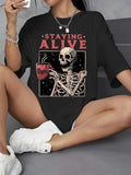 Women'WB shield Skeleton & Letter Print Drop Shoulder Tee, Fashion Casual Half Sleeve T-shirt for Daily Outdoor Wear,...