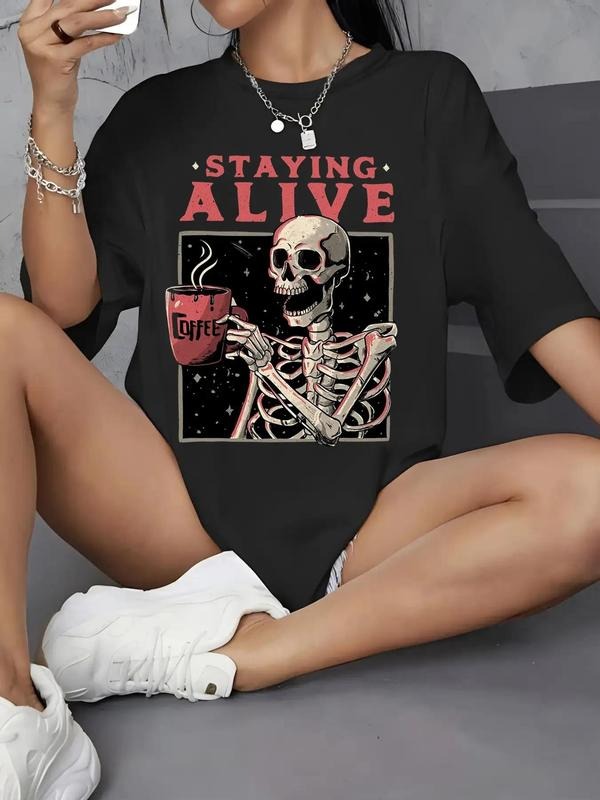 Women'WB shield Skeleton & Letter Print Drop Shoulder Tee, Fashion Casual Half Sleeve T-shirt for Daily Outdoor Wear,...