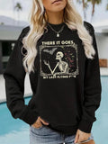 Women'WB shield Skeleton & Letter Print Round Neck Sweatshirt, Casual Long Sleeve Crew Neck Pullover for Daily Wear,...