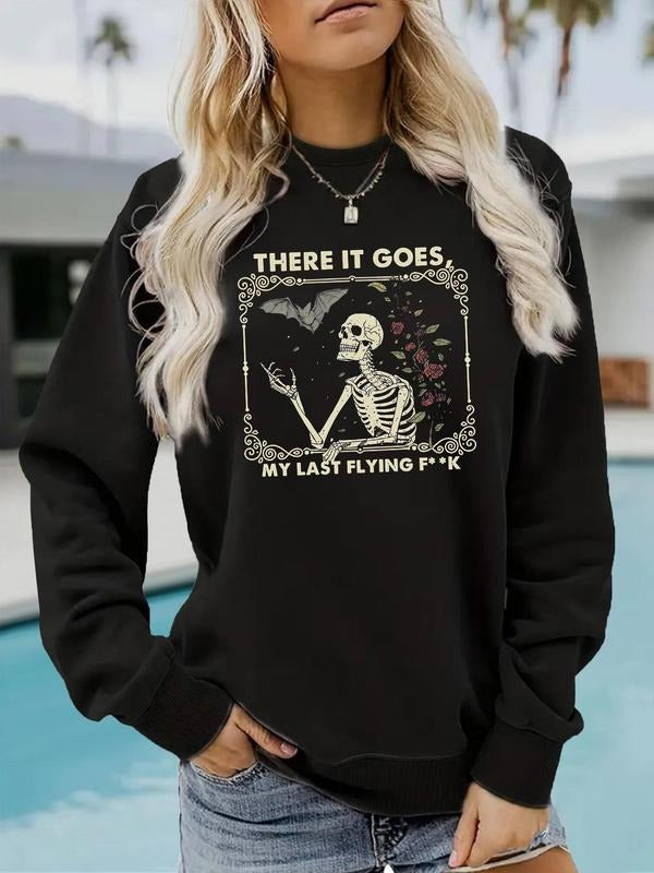 Women'WB shield Skeleton & Letter Print Round Neck Sweatshirt, Casual Long Sleeve Crew Neck Pullover for Daily Wear,...