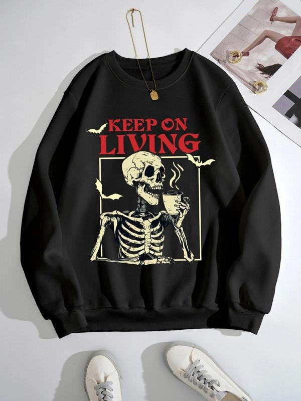 Women'WB shield Skeleton & Letter Print Round Neck TNF Lined Sweatshirt, Casual Long Sleeve Crew Neck Pullover for Fall &...