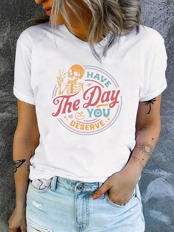Women'WB shield Skeleton & Letter Print Round Neck Tee, Fashion Casual Crew Neck T-Shirt for Daily Holiday Vacation...